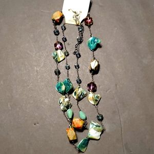 Mother of Pearl Long Necklace That Can Be Doubled and Clear Beaded Earrings NWT